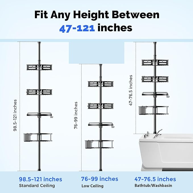 HAMITOR Corner Shower Caddy Tension Pole: Quick Installation 4-Tier Rustproof Bathroom Organizer Shelves for Bathtub Shampoo Storage - 47-121 inch Adjustable Floor Standing Bath Rack Holder - Black