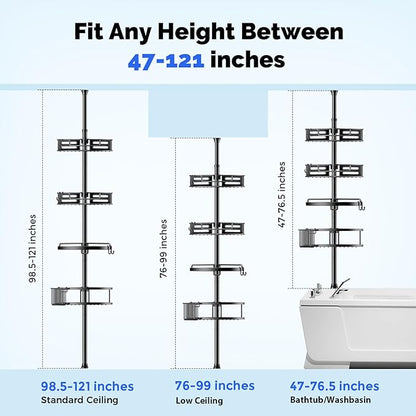 HAMITOR Corner Shower Caddy Tension Pole: Quick Installation 4-Tier Rustproof Bathroom Organizer Shelves for Bathtub Shampoo Storage - 47-121 inch Adjustable Floor Standing Bath Rack Holder - Black