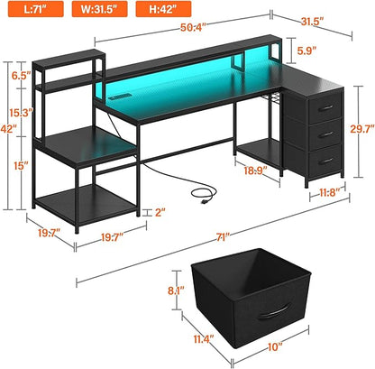 71" L Shaped Gaming Desk with 3 Drawers & Hutch,Computer Desk with Monitor Stand & Power Outlet,Home Office Desk Reversible Black Desk with LED Light,Printer Shelf for Home Office,Black Carbon Fiber