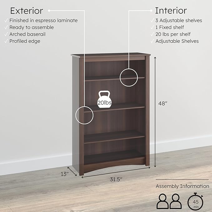 Prepac Sonoma 4-Tier Bookcase 48"H with 3 Adjustable Shelves, Espresso Storage Cabinet, Modern Display Cabinet, Bookshelf with Storage Shelves for Home Office, Living Room, Bedroom Organizer