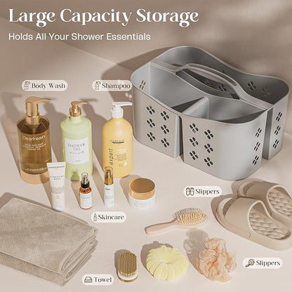 Portable Shower Caddy with Handle, Large Capacity Shower Basket Organizer, Quick-Drain Bathroom Storage Tote, Durable Plastic Shower Organizer for College Dorm, Beach, Gym, Travel Essentials, Grey
