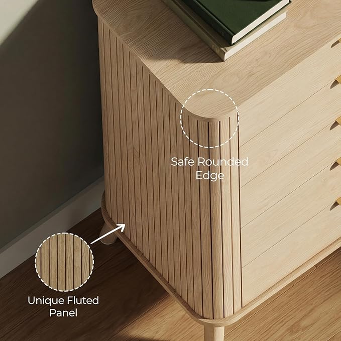 ADORNEVE Fluted Dresser for Bedroom,Tall Modern Chest of Drawers with 5 Drawers, Vertical Dressers,Wood Closet Clothes Storage Organizer for Living Room, Hallway, Natural Oak