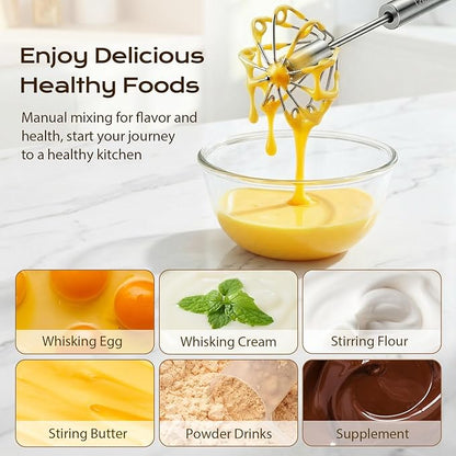 Upgraded Stainless Steel Semi-Automatic Whisk, Easy Push Hand Whisks for Eggs, Cream, Coffee & Light Mixing, Easy Clean Kitchen Whisk for Everyday Cooking (10in)