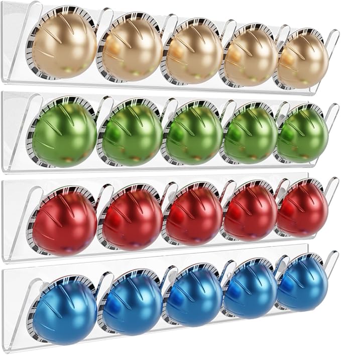 LifeMoreasy Magnetic Coffee Pods Holder for Nespresso Vertuo & Dolce Gusto, Self-Adhesive Wall Mounted Capsule Organizer for Kitchen Cabinet Fridge(4 Packs for 20 Pods) (Clear)