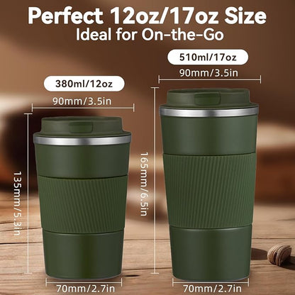 17OZ Travel Coffee Mug Insulated Coffee Cup with Spill Leak Proof Lid, Portable Stainless Steel Tumbler Reusable Hot and Cold Water Mug for Car, Daily, Camping- Military Green