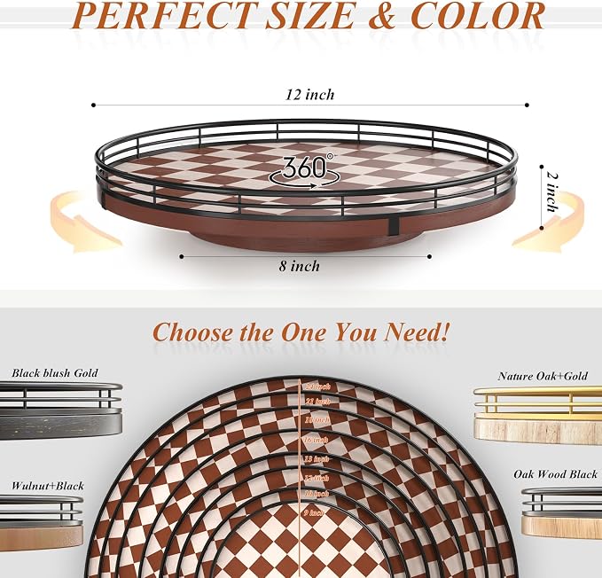 Brown Checkered Lazy Susan Decorative Tray, 12 Inch Round Rotating Tray with Black Metal Rail, Wood Turntable for Coffee Table Decor, Dining Table Centerpiece, Candle and Vase Display