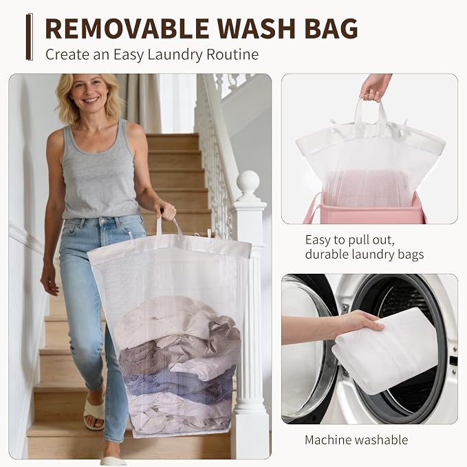 Goodpick Pink Laundry Basket with Wheels and Lid, 75L Rolling Laundry Hamper for Bathroom Bedroom, Collapsible Large Clothes Hamper with Removable Wash Bag, 16.5" x 12.5" x 27.5"