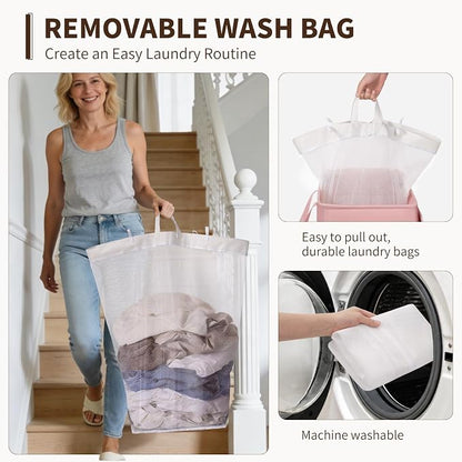 Goodpick Pink Laundry Basket with Wheels and Lid, 75L Rolling Laundry Hamper for Bathroom Bedroom, Collapsible Large Clothes Hamper with Removable Wash Bag, 16.5" x 12.5" x 27.5"