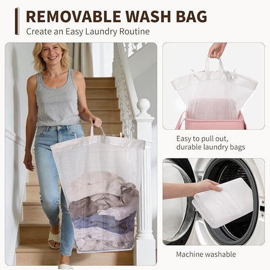 Goodpick Pink Laundry Basket with Wheels and Lid, 75L Rolling Laundry Hamper for Bathroom Bedroom, Collapsible Large Clothes Hamper with Removable Wash Bag, 16.5" x 12.5" x 27.5"