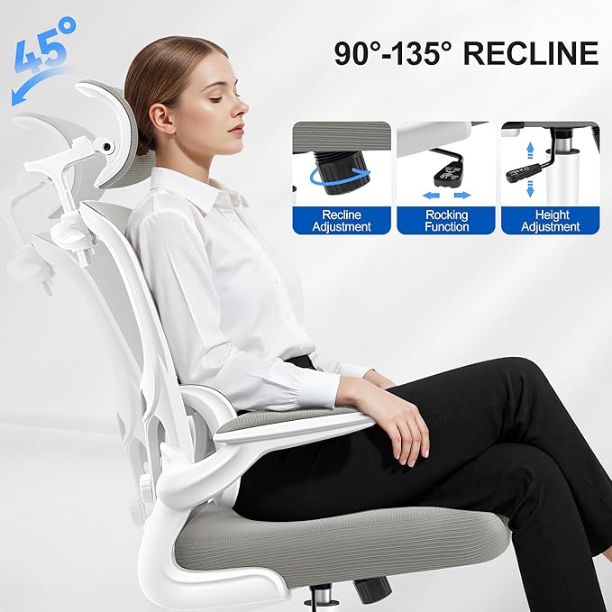 Ergonomic Office Chair, Mesh Desk Chair with Lumbar Support, High Back Home Office Chair with Adjustable Headrest and Flip-Up Arms, Comfortable Computer Chair, Thick Cushion, 300 LBS, LightGray