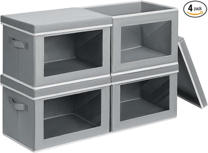 Homsorout Storage Bins with Lids - Fabric Closet Storage Bins with Window, Collapsible Baskets for Shelves 4 Pack, Home Decorative Boxes for Clothes, Closet, Office, Grey