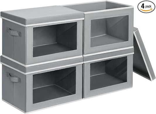 Homsorout Storage Bins with Lids - Fabric Closet Storage Bins with Window, Collapsible Baskets for Shelves 4 Pack, Home Decorative Boxes for Clothes, Closet, Office, Grey