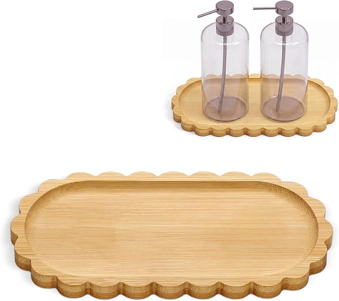 Scalloped Bamboo Soap Dispenser Tray Bathroom Rustic Decor Bamboo Countertop Tray Scalloped Soap Dish Jewelry Holder Vanity Bathtub Organizer for Bathroom Kitchen Home Decor(7'',Oval)