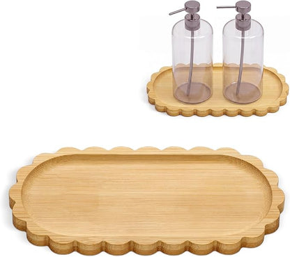 Scalloped Bamboo Soap Dispenser Tray Bathroom Rustic Decor Bamboo Countertop Tray Scalloped Soap Dish Jewelry Holder Vanity Bathtub Organizer for Bathroom Kitchen Home Decor(7'',Oval)