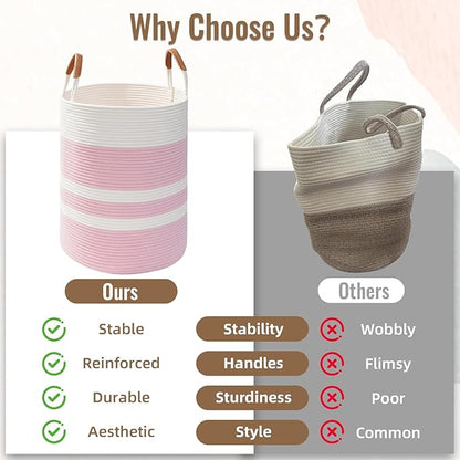 Degeyoyo 60L Striped Laundry Basket, Pink Laundry Hamper with Leather Handles, Woven Cotton Rope Storage Bin for Blankets, Nursery Hamper for Clothes, Toys In Bathroom, Livingroom, Bedroom