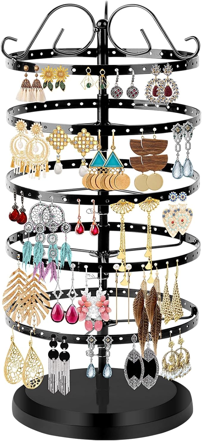 5 Tier 360 Rotating Earring Holder Organizer Stand, Jewelry Tree Rack, 220 Holes Display Storage for Stud Hoop Earrings, Vintage Metal Design, Space Saving Table Decor