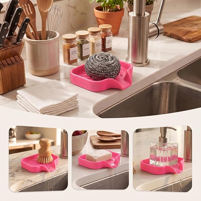 MicoYang Silicone Soap Dish with Drain Spout, Self-Draining Sink Organizer Tray for Bathroom and Kitchen, Sponges, Dispensers and Soap Holder, Non-Slip and Dishwasher Safe, Rose (Compact, 4.9"×3.2")
