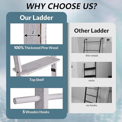 67" Wooden Blanket Ladder with Shelf and Hooks, 6-Tier Blanket Ladder for Living Room, Wall-Leaning Towel Ladder and Quilt Rack Storage, Farmhouse Decor Ladder for Display (Vintage White)