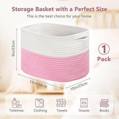 Cotton Rope Shelf Storage Basket, 15x10x9 in, Shelf Storage Baskets for Clothes, Towels, Books, Laundry (White/Pink, 1 Pack)