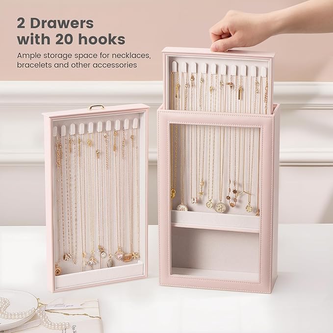Lolalet Necklace Organizer Box, Jewelry Storage Box with Clear Window for Necklaces Bracelets, Tangle-Free Necklace Display Case for Women Girls, Pink, 2 Layers 20 Hooks
