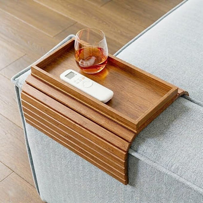 DETOR Couch Arm Tray with Spacious 12.4" x 5.4" Storage Box, Acacia Stained Bamboo Finish, Enhanced Non-Slip Felt Bottom, Sturdy Bamboo Slats, Fits Armrests 6" and Wider