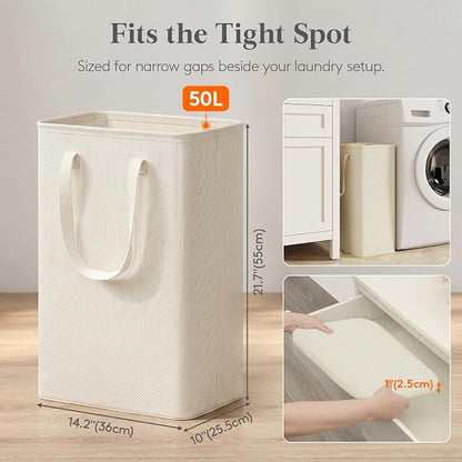 Lifewit Slim Laundry Hamper, Narrow Small Laundry Basket with Handle for Dirty Clothes, Collapsible Tall Thin Laundry Bin for Bathroom Bedroom Dorm College, 50L, White