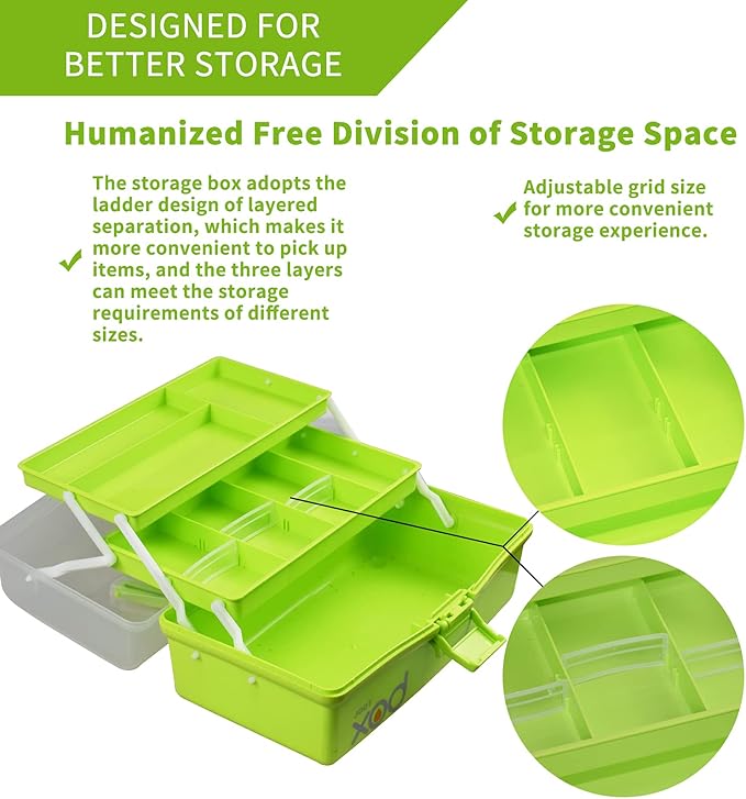 TERGOO 12in 3-Layer Plastic Craft Organizers and Storage, Portable Folding Tackle Box with Handle & Adjustable Dividers, Multipurpose Case for Sewing, Art Supplies, Medicine, Tools (Green)