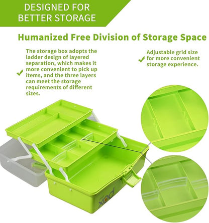 TERGOO 12in 3-Layer Plastic Craft Organizers and Storage, Portable Folding Tackle Box with Handle & Adjustable Dividers, Multipurpose Case for Sewing, Art Supplies, Medicine, Tools (Green)
