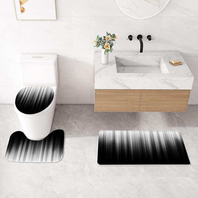 4 Pcs Grey and Black Gradient Shower Curtain Set with Rugs and Toilet Lid Cover, Modern Simple Waterproof Fabric Bathroom Set, Ombre Stripe Gothic Abstract Bathroom Decor Set Accessories