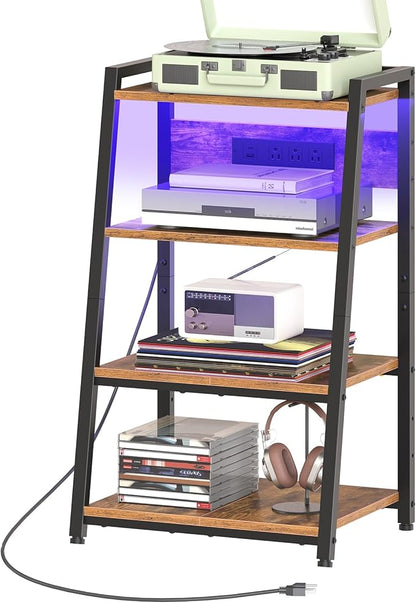 HOOBRO 4-Tier AV Media Stand with Charging Station and LED Light, Wooden Stereo Cabinet, Game Console Stand, Media Audio Rack, Record Player, Entertainment Center, Rustic Brown and Black BF106UDCJ01