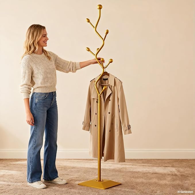 Tree-shaped coat rack stand,Metal coat tree with 8 Hooks and sturdy cast iron base,Heavy Duty coat rack freestanding coat hanger stand for Clothes Hats Scarfs Purses (gold)