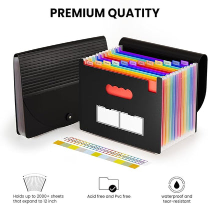 Sooez Accordion File Organizer, 13 Pockets Expanding File Folders, Portable Monthly Paper Bill Tax Receipt Organizer, Letter A4 Size Document Holder with Blank Labels