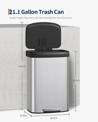 Garvee 21 gal / 80 L Stainless Steel Trash Can with Lid, Large Garbage Can for Kitchen, Rustproof Step-on Kitchen Metal Trash Bin with Liner Rim, Rear Handle, Soft Close Plastic Lid