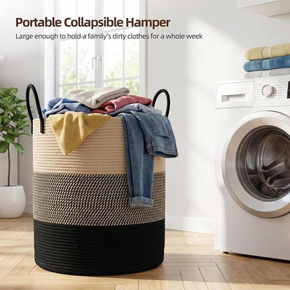 OIAHOMY Large Laundry Basket Hamper - 60L Cotton Rope Woven Basket for Blankets, Toys, Clothes - Tall Decorative Nursery Hamper with Long Handles, Yellow/Black