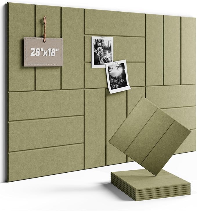 Fluxynara Felt Bulletin Board Tiles -28"x18" with 40 Adhesive Tabs, Cork Board Alternative for Office Decor, Push Pin Board Wall Organizer 6-Pack(Olive Green)