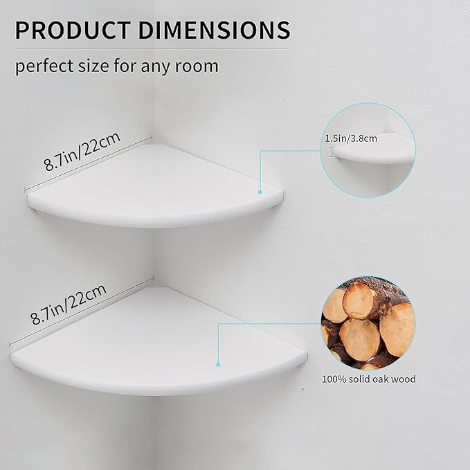 Conamily Corner Shelves, Floating Corner Shelf, Set of 2 White Solid Oak Wood Wall Shelves, Round End Wall Mount with Wire Hole Shelving for Small Plant for Bedroom Kitchen, Living Room 8.7"