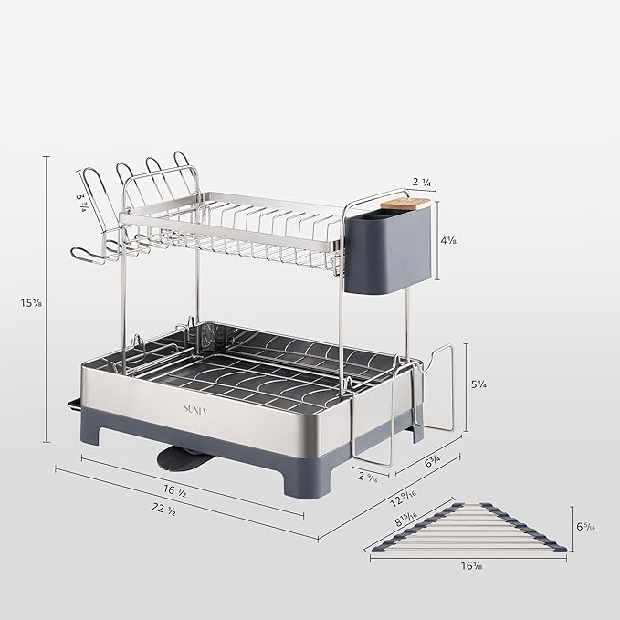 SUNLY Large Dish Drying Rack, Multipurpose 2 Tier Dish Racks for Kitchen Counter, 304 Stainless, Extra Large Drain Board, Gray