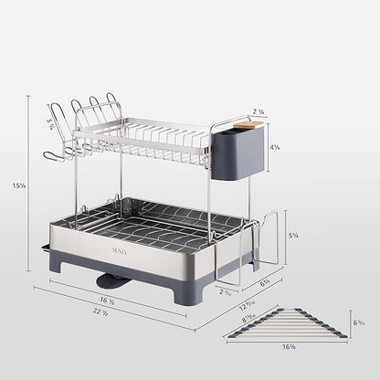 SUNLY Large Dish Drying Rack, Multipurpose 2 Tier Dish Racks for Kitchen Counter, 304 Stainless, Extra Large Drain Board, Gray