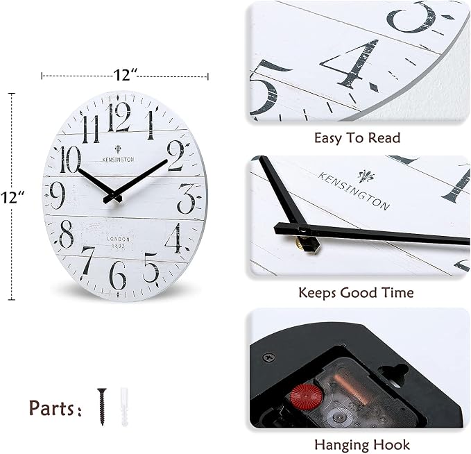 NIKKY HOME Farmhouse White Wall Clock - 12 Inch Quartz Battery Operated Vintage Wooden Decorative Silent Analog Clock for Kitchen, Living Room, Bedroom, Office
