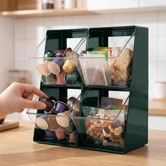 2 Pack Large Coffee Pod Holder, Coffee Station Counter Container Stackable Pantry Storage Organizer Bins, Creamer Suger Plastic Accessories Organizer for Office Home Kitchen Supplies(Green)