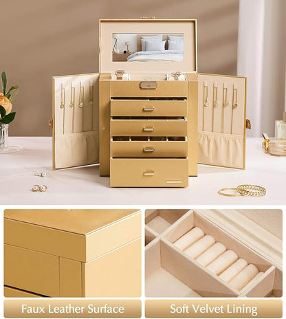 Homde Mothers Day Gifts Synthetic Leather Huge Jewelry Box Mirrored Watch Organizer Necklace Ring Earring Storage Lockable Gift Case (Gold)