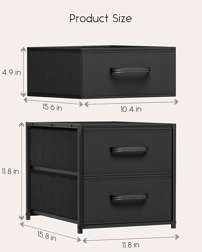 Homsorout Stackable Storage Drawers - 2 Tier Closet Organizer with Metal Frame and Handles, Fabric Dresser with Collapsible Bins for Bedroom, Dorm, Office, Black, 1 Pack
