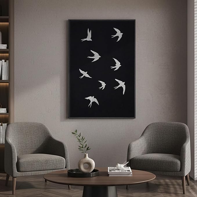 Framed Black and White Modern Wall Art, Large Animal Canvas Prints Paintings Artwork for Walls, Minimalist Birds in Flight Pictures for Living Room Dining Bedroom Hallway Office Home Decor 24x36 In