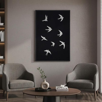 Framed Black and White Modern Wall Art, Large Animal Canvas Prints Paintings Artwork for Walls, Minimalist Birds in Flight Pictures for Living Room Dining Bedroom Hallway Office Home Decor 24x36 In