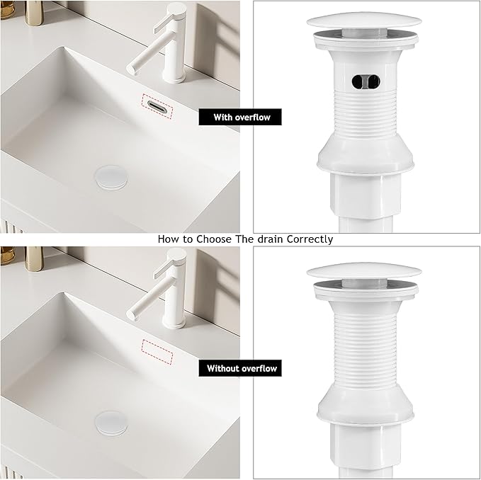 Bathroom Sink Drain,2 Pack White Drain Stopper Bathroom Sink With Overflow,Pop Up Drain Assembly with Detachable Strainer Basket,Built-in Anti-Clogging, Stainless Steel Nut