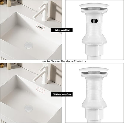 Bathroom Sink Drain,2 Pack White Drain Stopper Bathroom Sink With Overflow,Pop Up Drain Assembly with Detachable Strainer Basket,Built-in Anti-Clogging, Stainless Steel Nut