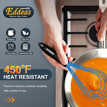 Eddeas Silicone Whisk, Non Scratch Whisk for Cooking, 5+7+9+11in Balloon Whisks, Suitable for Mixing, Blending. 11in Flat Whisks great for Ceramic Coated pans and Wider shallower pots. (Blue)