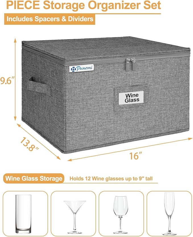 punemi Wine Glass Storage Box, Glassware Storage Containers w/Hard Shell Side Bottom Support & Padded Dividers, Stackable Stemware Storage Case for 24 China Crystal Glasses Drinkware, Moving Supplies