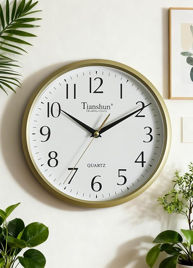 Wall Clock Silent Non-Ticking Battery Operated Small 10 Inch Modern Easy to Read for Living Room Bedroom Kitchen Office Decor (Gold)