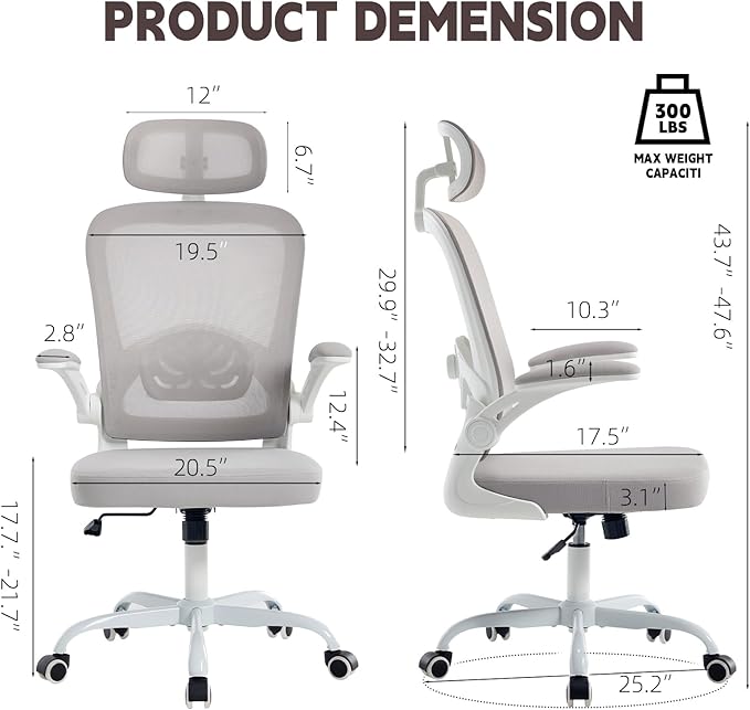 Ergonomic Office Chair with 3D Adjustable Lumbar Support, Mesh High Back, 75° Rotating Headrest, Rocking Function, 300lbs Capacity, Black/White (White)